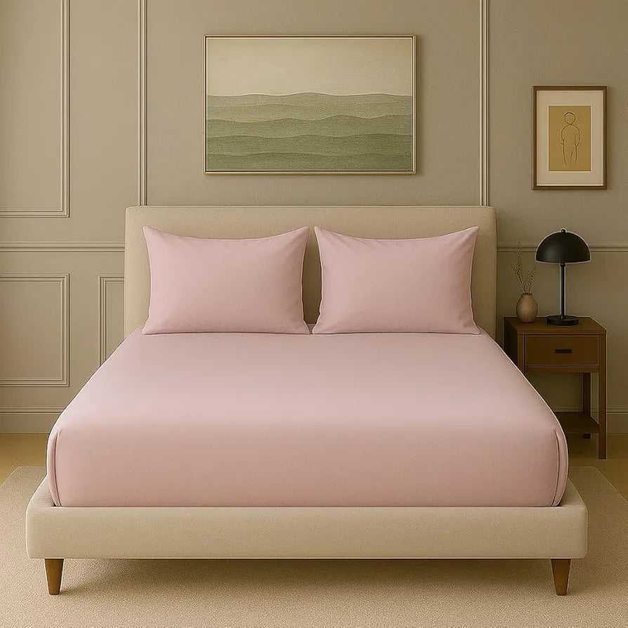 Trance Home Linen 300 TC Bamboo Fitted Queen Size Bedsheet Soft Breathable & Eco-Friendly Bedsheet with 2 Pillow Cover Colour Cameo Rose