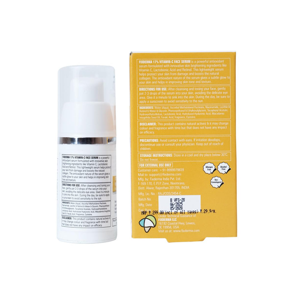Fixderma 17% Vitamin C Face Serum for Glowing Skin | Retinol Face Serum | Skin Brightening | Anti Aging Serum 10ml