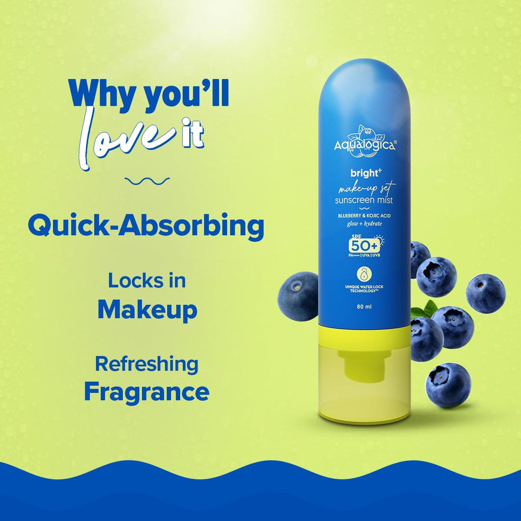 Aqualogica Bright+ Makeup-Set Sunscreen Mist SPF 50+ PA++++ with Blueberry & Kojic Acid | Ultra-Fine Mist for Easy Application over Makeup | Quick Drying | Sets Make-Up | No White Cast | Easy Reapplication | Hydrates & Refreshes | 80 ml