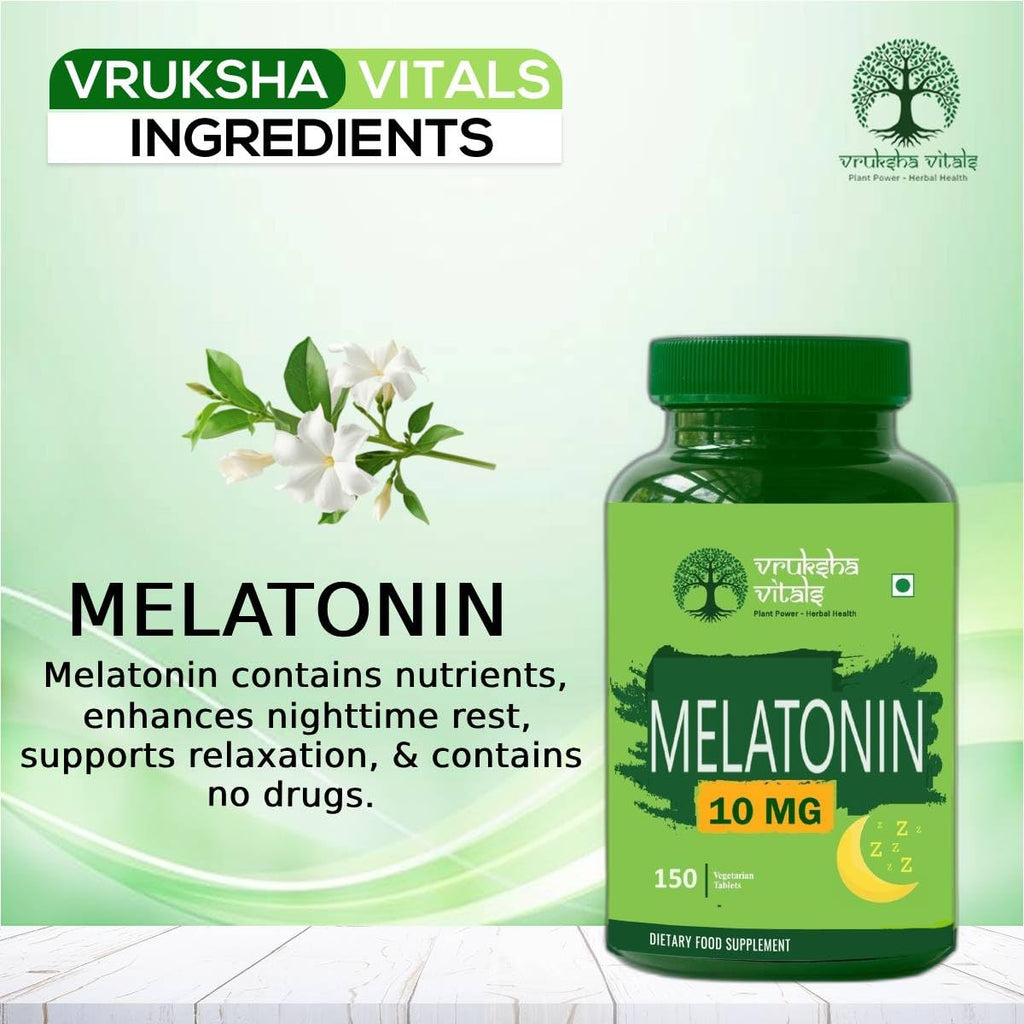 Vruksha Vitals Melatonin 10 mg Tablets for Sleeping Support with Tagar Root Extract, Chamomile Extract and Vitamin B6-150 tablets/capsules pills