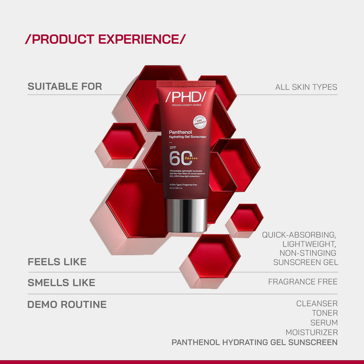 /PHD/ Panthenol Hydrating Gel Sunscreen SPF 60 PA++++ | Lightweight, Non-Greasy & Hydrating Formula | Broad Spectrum UVA UVB Protection | No White Cast | Daily Use Face Sunscreen for All Skin Types | 50 ml