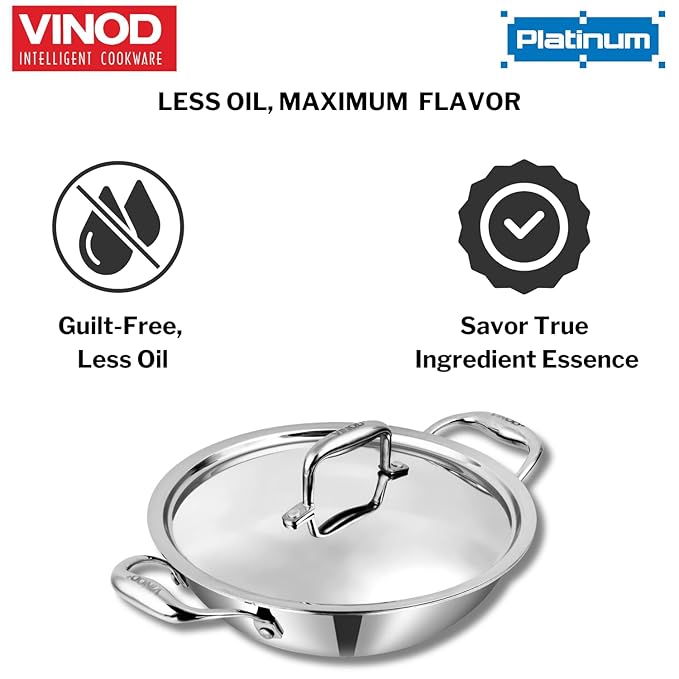 Vinod Sas Pro Platinum Stainless Steel Non Stick Extra Deep Kadai With Lid- 3.3 Litre, 24cm | Hexa Design Triply Kadhai