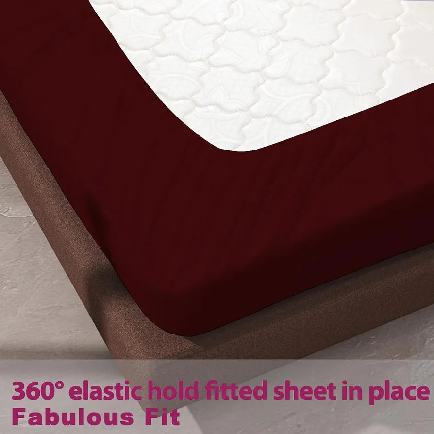 Trance Home Linen 100% Cotton 78x60 inch Queen Elastic Fitted Bedsheet 400TC Premium Queen Double Bed Size Plain with 2 Pillow Covers Colour Maroon