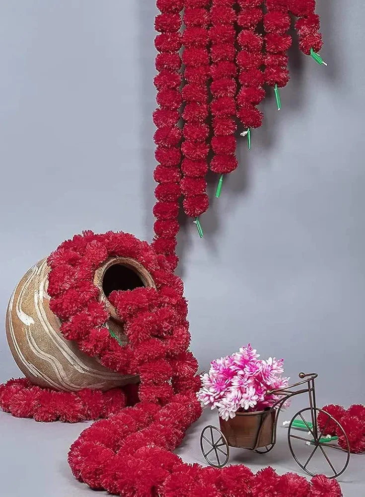 Artificial Marigold Garland Mala Flower Genda Phool Long for Decoration Maroon 5 Pcs