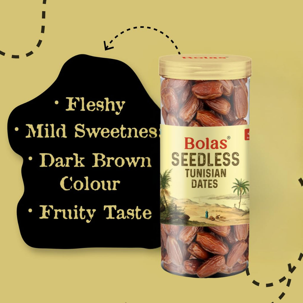 Bolas Seedless Tunisian Dates 400g | Khajur/Khajoor | Naturally Sweet | No Added Sugar | No Preservatives | Rich in Fibre & Vitamins | Healthy Snack