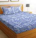 BSB HOME Prime Collections 160tc Pure Microfiber Glace Cotton Double Bedsheet with 2 King Size Pillow Covers Royal Blue White Leaf