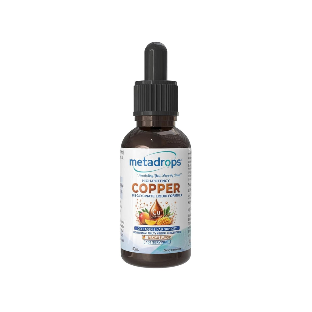 METADROPS Ionic Copper Bisglycinate Drops 1.7mg â€“ 50ml (100+ Servings) | High-Absorption Chelated Liquid Copper for Collagen, Skin & Hair Support | 100% Vegan, Mango Flavor, Non-GMO