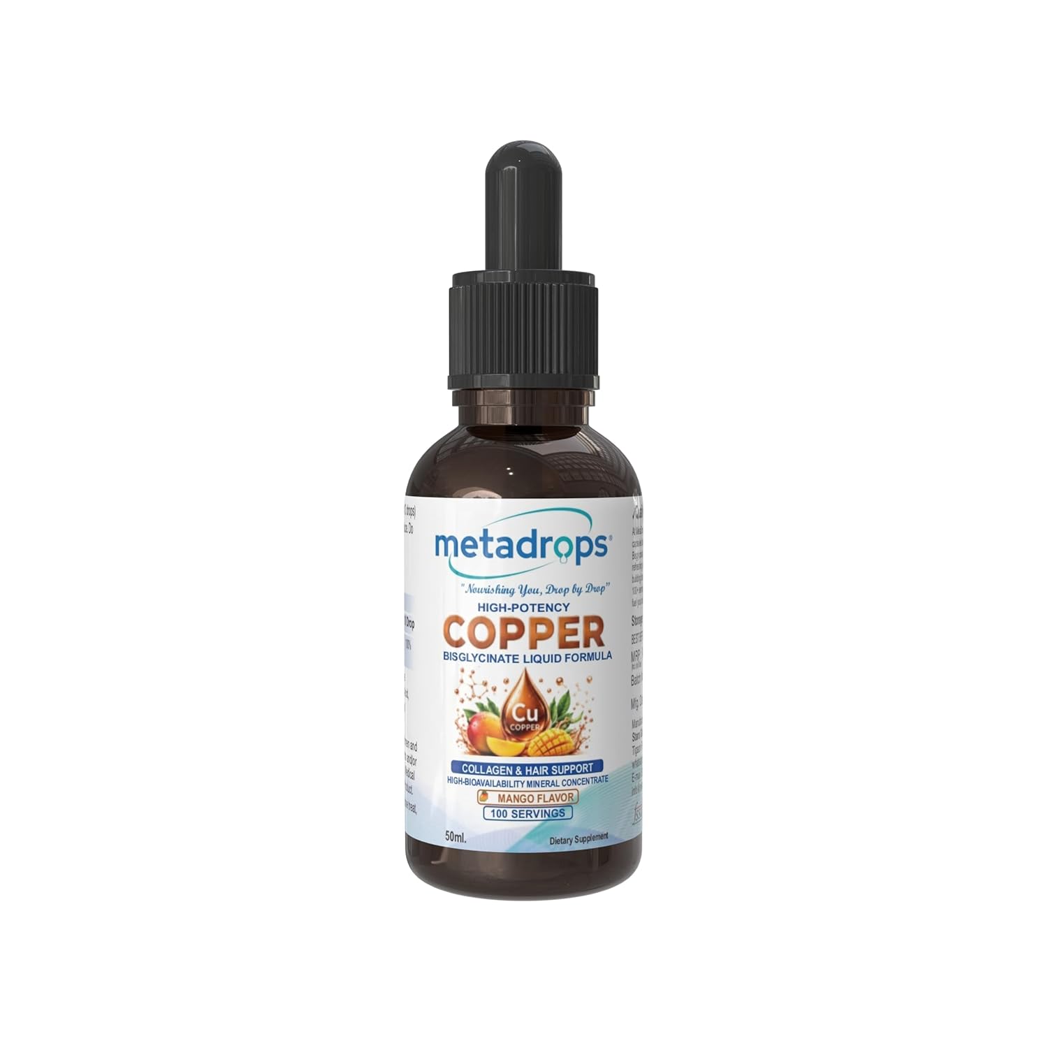 METADROPS Ionic Copper Bisglycinate Drops 1.7mg â€“ 50ml (100+ Servings) | High-Absorption Chelated Liquid Copper for Collagen, Skin & Hair Support | 100% Vegan, Mango Flavor, Non-GMO