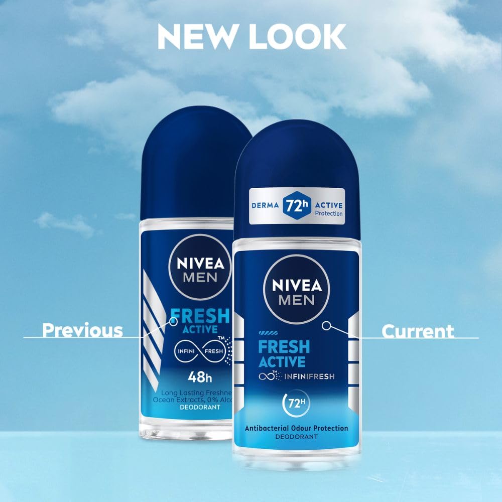 NIVEA MEN Fresh Active 50ml Deo Underarm Roll On | With Fresh Ocean Extracts Scent| 72 H Freshness| 0% Alcohol | Dermatologically Approved & Paraben Free Formula