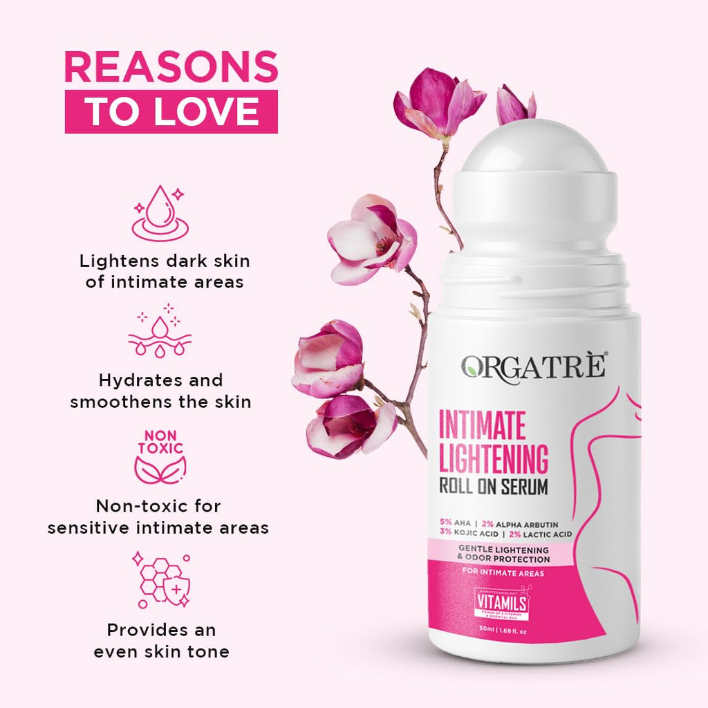 Orgatre Intimate Brightening Roll-On Serum | 5% AHA + 2% Alpha Arbutin 3% Kojic Acid | For Inner Thighs, Knees & Bikini Area | Intimate Areas for Women & Men 50ml