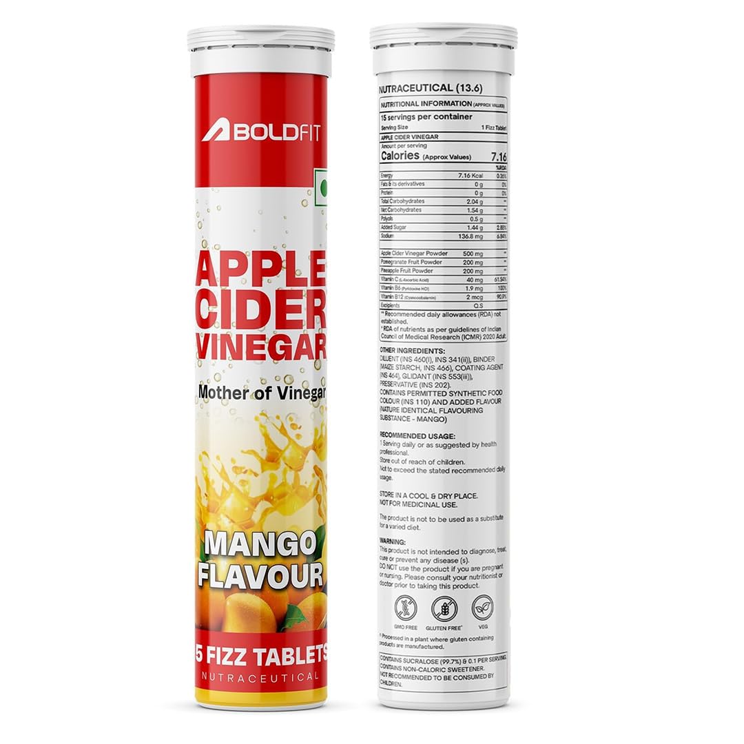 Boldfit Apple Cider Vinegar Tablets With Mother Acv Effervescent Tablets For Immunity ,Digestion, Acv Tablets Acv Apple Cider Vinegar Tablet With Mango Flavor-(Pack Of 1) 15 Tablets