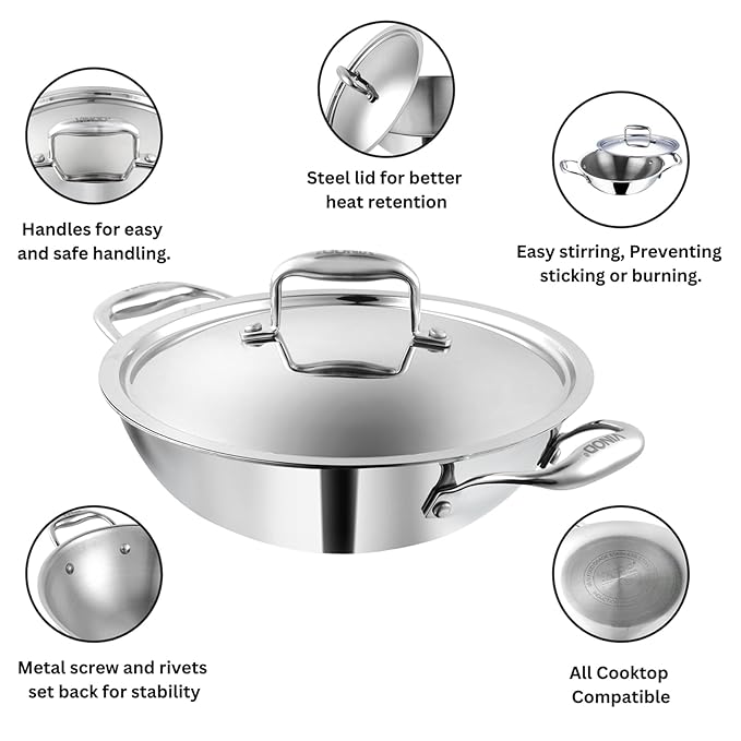 Vinod Platinum Triply Stainless Steel Cookware Kadai With Lid | 3.2 Litres | 26 Cm | 2.5 Mm Thick | 3 Layer Kadhai