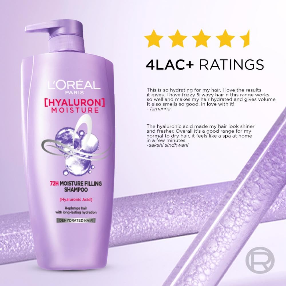 L'Oreal Paris L Oral Moisture Filling Shampoo, With Hyaluronic Acid, For Dry & Dehydrated Hair, Adds Shine Bounce, Hyaluron 72H, 650Ml. | 650Ml