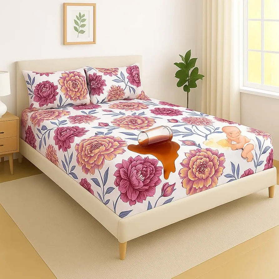 Homekart Waterproof Fitted Bedsheet for King Leakproof Noiseless Skin-Friendly Elastic Bed Sheet with 2 Pillow Covers Pink & White