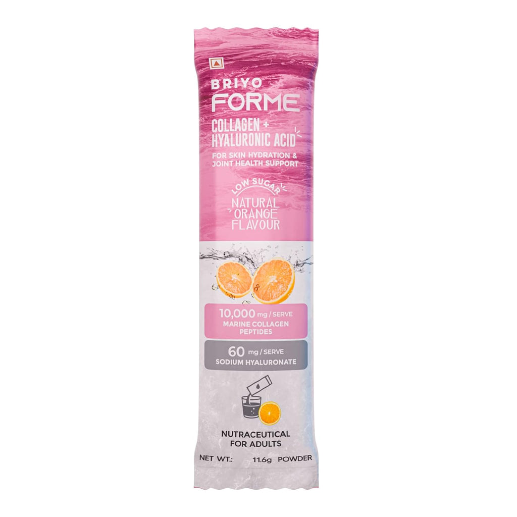 Briyo Forme Collagen + Hyaluronic Acid | 1 Sachet 10g Hydrolyzed Marine Collagen with 60mg Hyaluronic Acid | Orange Flavored Daily Drink Mix for Skin Hydration, Joint Support, Anti-Aging & Bone Strength | No Sugar