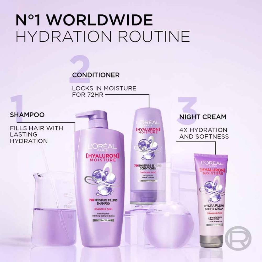 L'Oreal Paris L Oral Moisture Filling Shampoo, With Hyaluronic Acid, For Dry & Dehydrated Hair, Adds Shine Bounce, Hyaluron 72H, 650Ml. | 650Ml