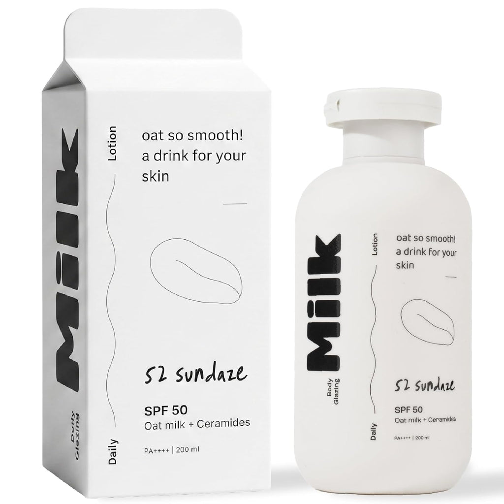 52 Sundaze Body Glazing Milk SPF 50 PA++++ | Hydrating Sunscreen Body Lotion with Oat Milk, Ceramides & Niacinamide | Lightweight Quick-Absorbing Formula | Non-Sticky, Non-Greasy Finish | Reduce Tan | No White Cast | All Skin Types | 200 ml