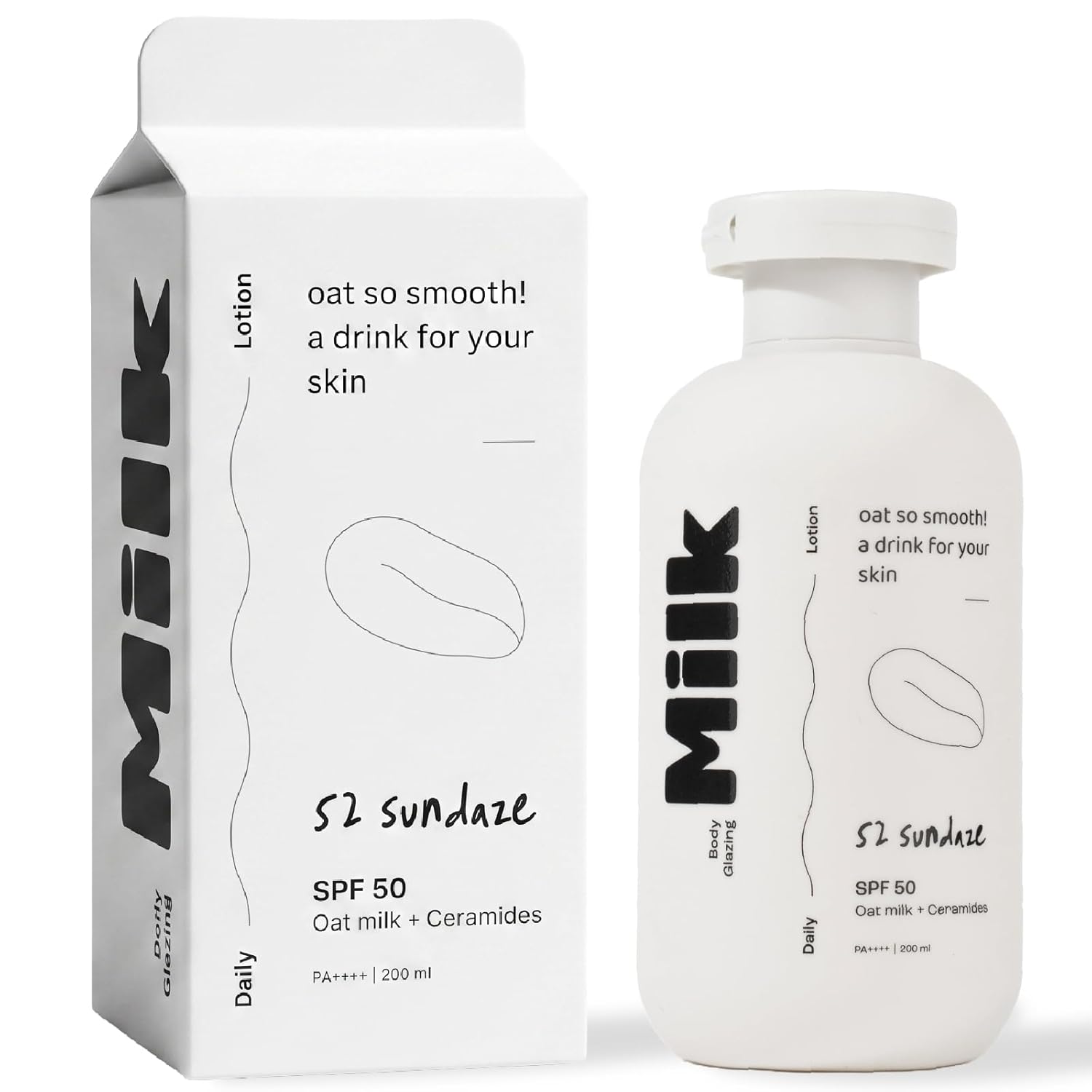 52 Sundaze Body Glazing Milk SPF 50 PA++++ | Hydrating Sunscreen Body Lotion with Oat Milk, Ceramides & Niacinamide | Lightweight Quick-Absorbing Formula | Non-Sticky, Non-Greasy Finish | Reduce Tan | No White Cast | All Skin Types | 200 ml