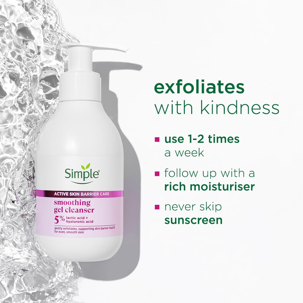 Simple Active Skin Barrier Care Smoothing Gel Face Cleanser 150 ml | with 7% Ceramide boosters, Lactic Acid & Hyaluronic Acid | Gently Exfoliates