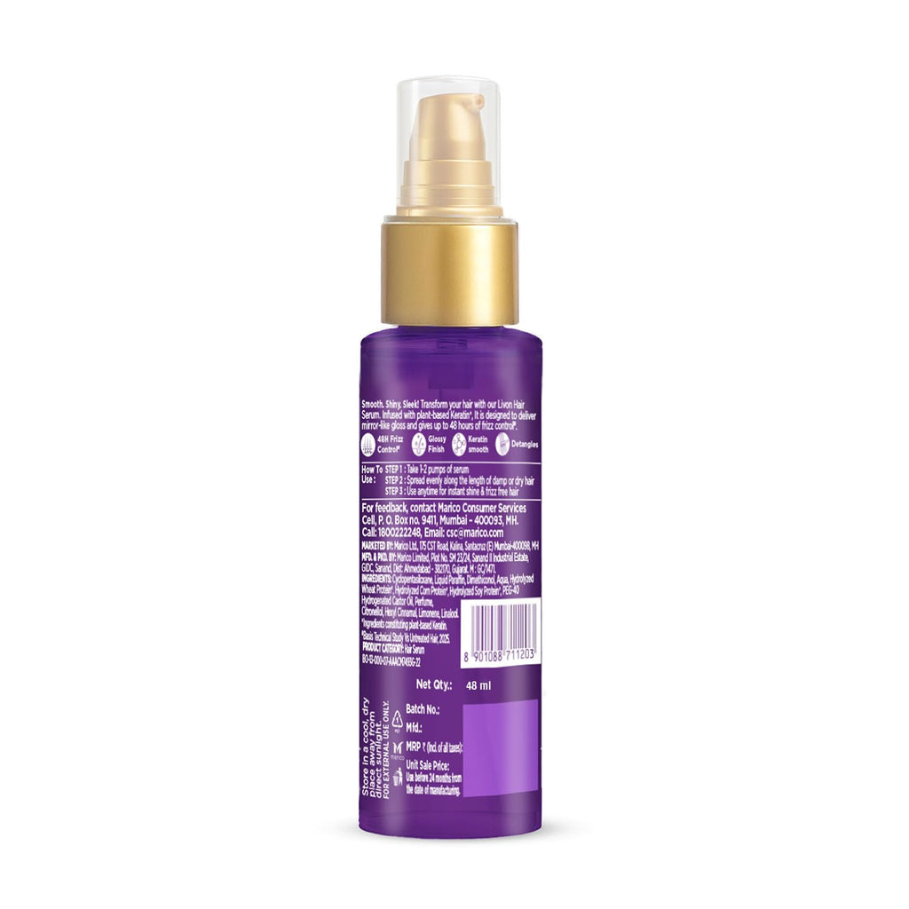 Livon Keratin Hair Serum for Women & Men | Ultra Glossy & Smooth Hair | 48Hr Frizz Control | Hair Serum for Dry, Rough & Damaged Hair | 48ml