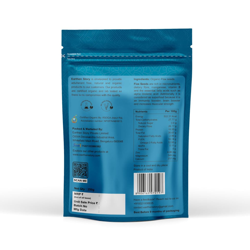 Earthen Story Organic Flax Seeds | Lab Tested for 250+ Pesticides | Certified Organic (NPOP) & Traceable with Transaction Certificate | Rich in Omega 3 & Dietary Fibre