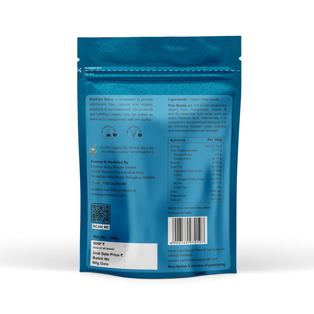 Earthen Story Organic Flax Seeds | Lab Tested for 250+ Pesticides | Certified Organic (NPOP) & Traceable with Transaction Certificate | Rich in Omega 3 & Dietary Fibre