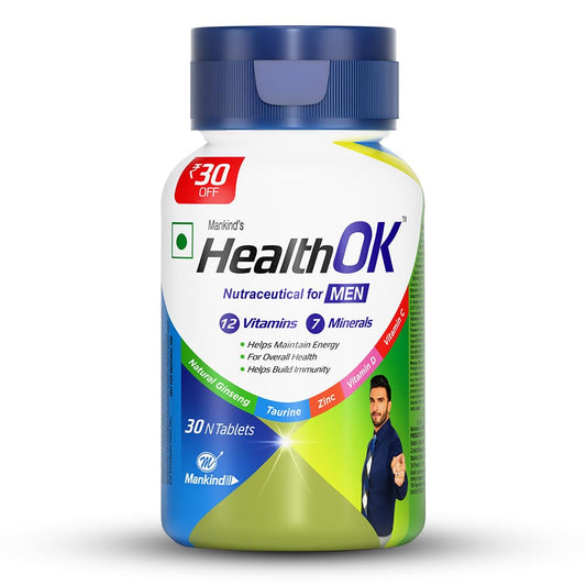 Mankind's Health OK Multivitamin With Natural Ginseng,Taurine Power,Daily Energy,Alertness,Vitamin D,C & Other 18 Multivitamins Minerals,For Overall Health,30 Tablets (Veg)