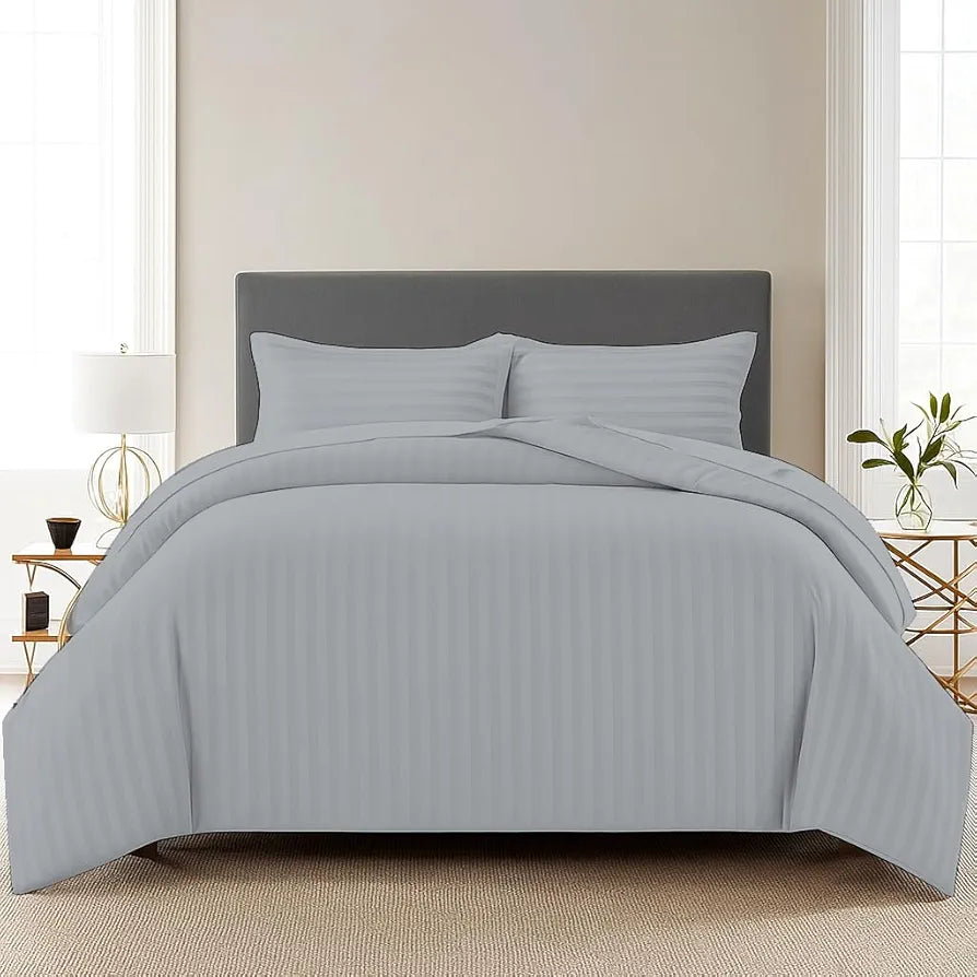 Trance Home Linen Zippered 100% Cotton 200TC Satin Stripe King Size Duvet Cover Quilt Cover Blanket Cover Razai Comforter Cover with 2 Pillow Covers Colour Silver Grey