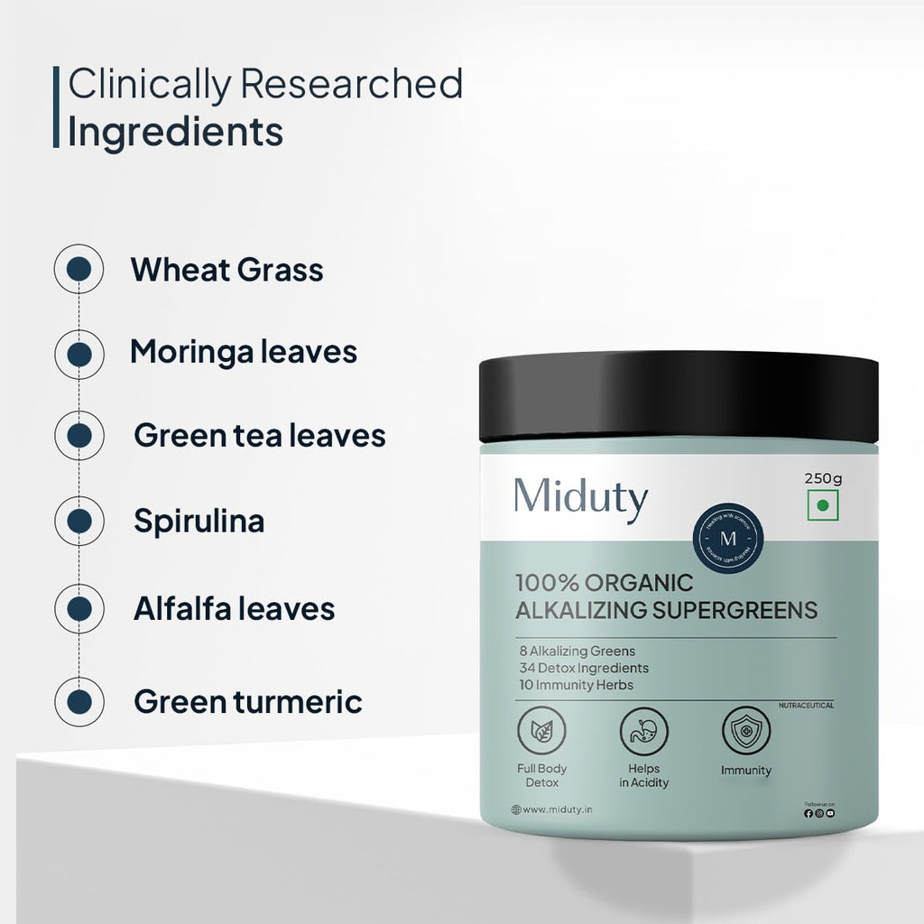 Miduty Palak Notes 100% Organic Super Greens Powder Alkalizing with Wheat Grass, Spirulina, Green Tea, and Moringa Leaves - Ultimate Body Detox & Weight Loss Support - 250 grams