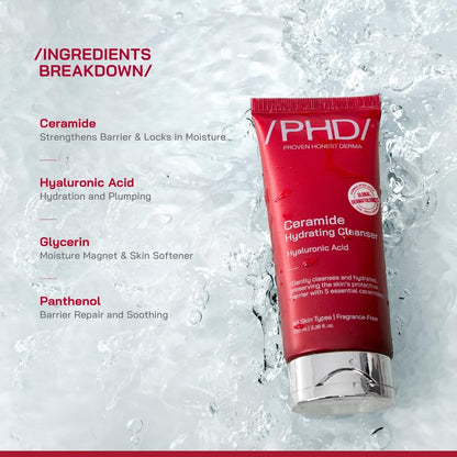 /PHD/ Ceramide Hydrating Cleanser with Hyaluronic Acid 100ml | Non-Drying Gel Face Wash for All Oily Skin, Dry Skin & Sensitive Skin | Gently Cleanses, Hydrates & Protects Skin Barrier | Fragrance-Free