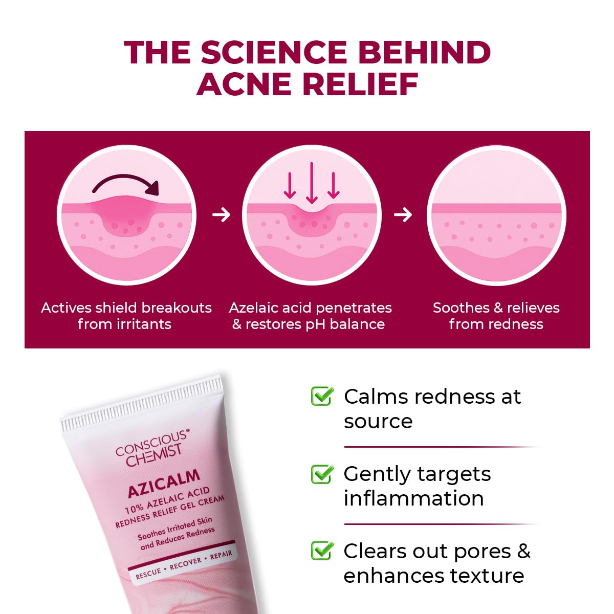 Conscious ChemistÂ® 10% Azelaic Acid Cream | 50g | Face Cream for Men & Women, Moisturizer for Acne Prone Skin, Redness Relief, Soothe Irritation & Inflammation, All Skin Types - Azicalm