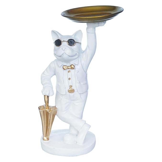 Ecraftindia White Bulldog Statue in Glasses Holding Golden Umbrella and Tray in Hands Table Top Decorative Showpiece