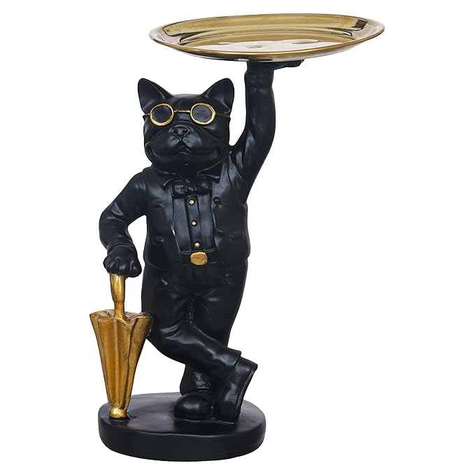 Ecraftindia Black and Golden Polyresin Cat Statue in Formal Dress and Sunglasses With Umbrella Animal Figurine