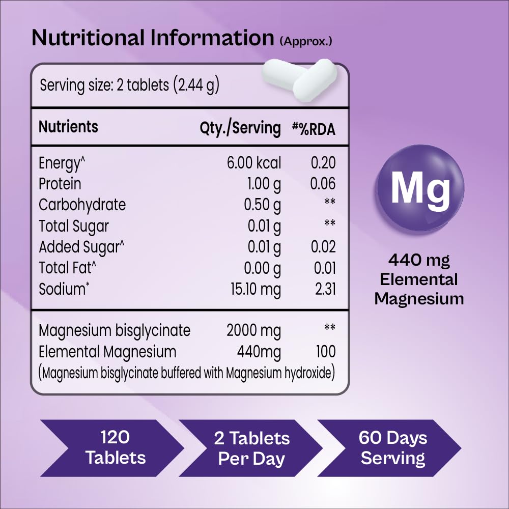 Tata 1mg Magnesium Glycinate Tablets |2000mg | High Absorption Chelated form for Muscle Recovery, Sleep & Nerve Health | 2000mg Per Serving â€“ 120 Veg Tablets