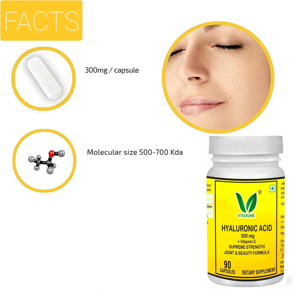 VITARUHE® Hyaluronic Acid Capsules High Dosage, 300 mg Per Capsule, Vegan, Low Molecular 500-700 kDa, 90 Capsules