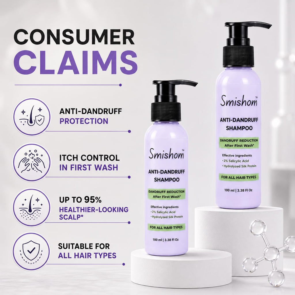 Smishom Anti-Dandruff Shampoo | Dandruff Reduction After First Wash | ZPTO-Free | pH balance | 2% Salicylic Acid & Hydrolyzed Silk Protein | Reduces Dandruff, Itchy Scalp | For All Hair Types | Light Lavender -100 ml