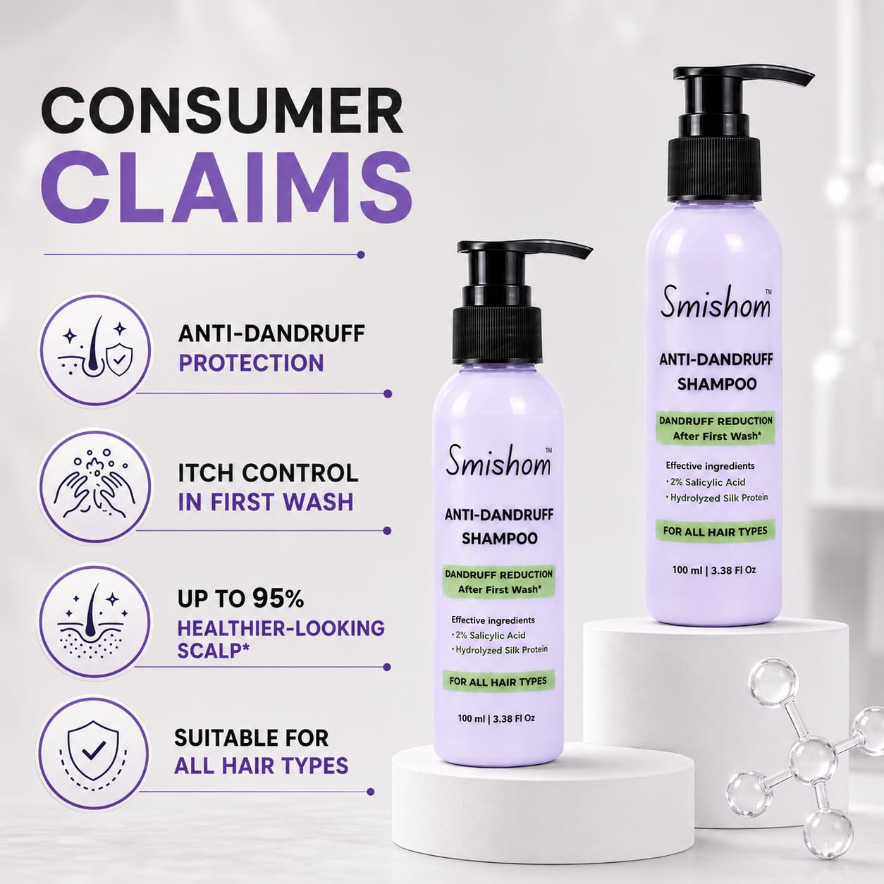 Smishom Anti-Dandruff Shampoo | Dandruff Reduction After First Wash | ZPTO-Free | pH balance | 2% Salicylic Acid & Hydrolyzed Silk Protein | Reduces Dandruff, Itchy Scalp | For All Hair Types | Light Lavender -100 ml