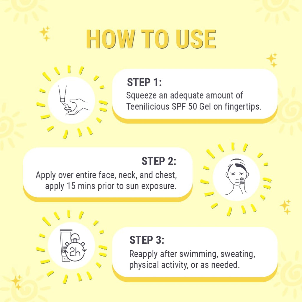Teenilicious Sunscreen SPF 50 PA+++ Gel For Teenagers | For Acne Prone & Sensitive Skin | Broad Spectrum & UVA/UVB Protection | Light Weight | No White Cast | PABA, Alcohol, Silicone & Paraben Free -75g