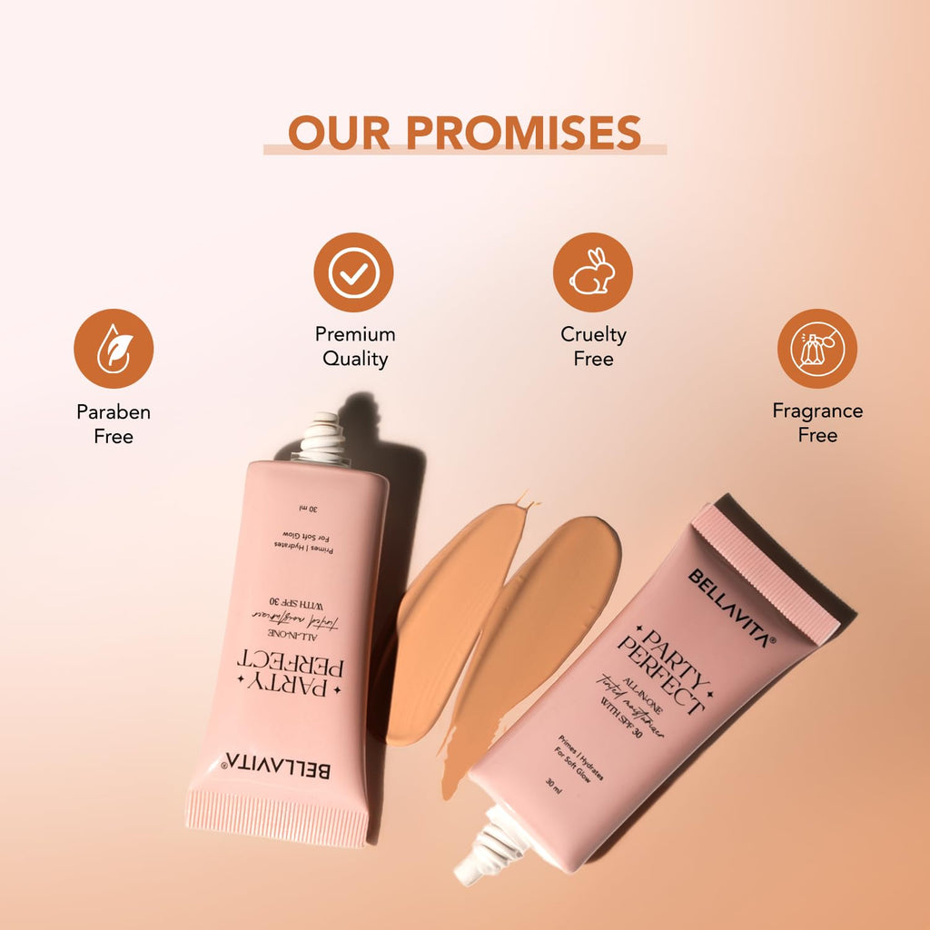 BELLAVITA Party Perfect All-in-one Tinted Moisturizer with SPF 30 | Hydrating Skin Tint, Face Primer & Sunscreen | Lightweight Formula with Adaptive Tint for Natural, Dewy Glow | 30ml (Medium Shade)
