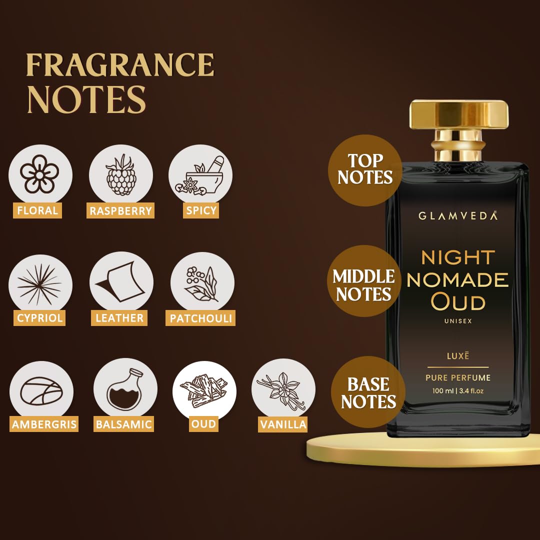 Glamveda Night Nomade Oud Unisex Pure Perfume 100ml | Luxury Long Lasting | Perfume for Man & Woman | with Raspberry, Spicy, Ambergris, Oud and Vanilla | Premium Fragrance