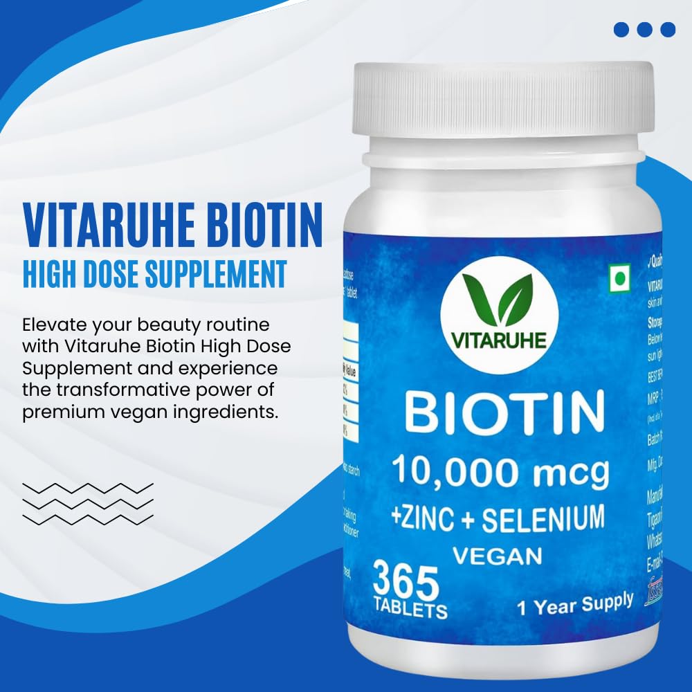 Vitaruhe Biotin High Dose Biotin + Zinc + Selenium Vegan Hair Growth Supplement for Healthy Skin, Hair and Nails, Full Year Supply, 365 Tablets