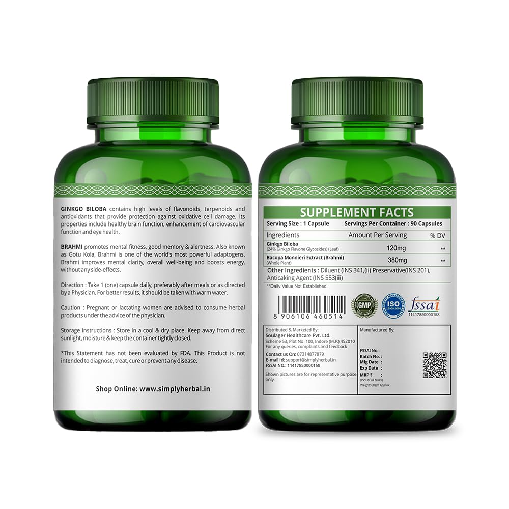 Simply Herbal Ginkgo Biloba 120mg With Bacopa Monnieri Extract Brahmi 380mg for Better Concentration, Improves Blood Circulation, Enhance Alertness, Memory & Learning, 90 Capsules