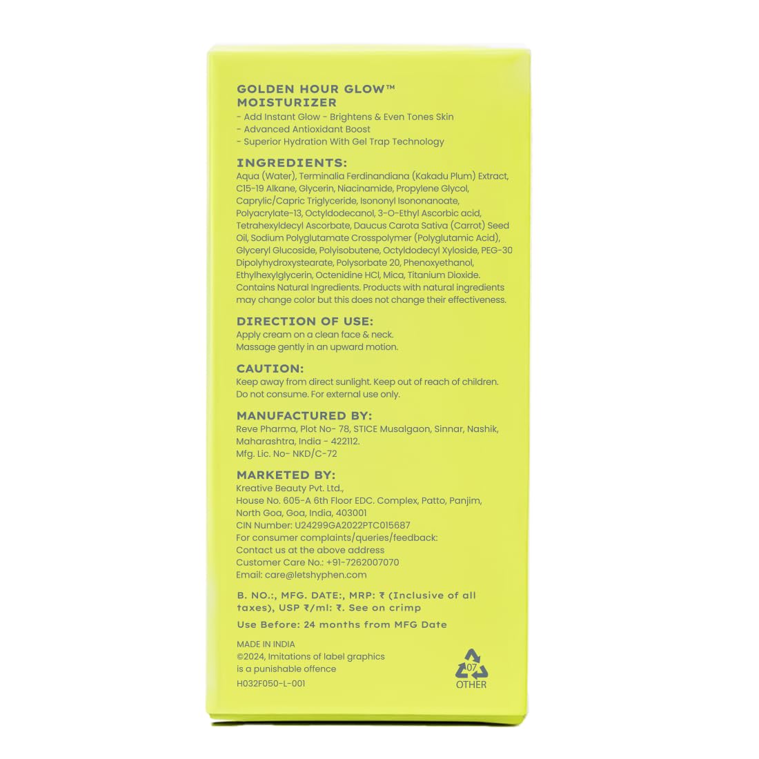 Hyphen Brightening Face Moisturizer with THD- 20% Kakadu Plum, Highly Stable Vitamin C| 3% Niacinamide- Dark Spots & Pigmentation | Lightweight Gel Cream Moisturizer for Dry, Oily, All Skin Type -50ml