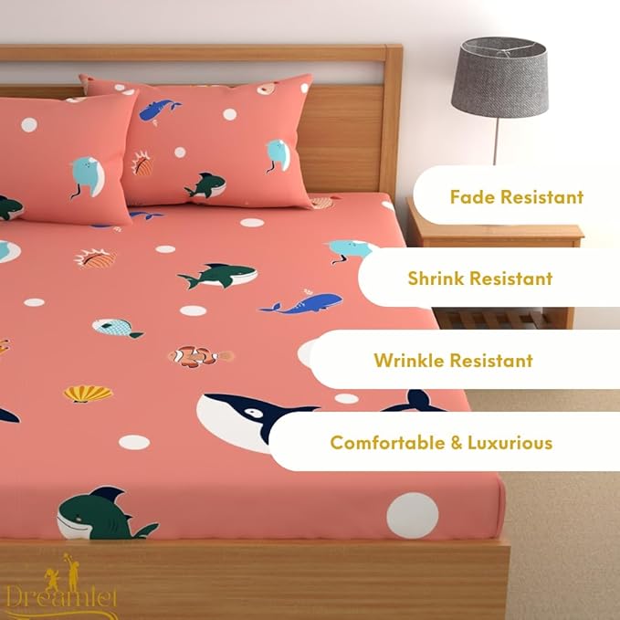 Dreamlet 180tc Cotton Feel All Around Elastic Fitted Bedsheets King Size for Double Bed With 2 Pillow Covers | Pink