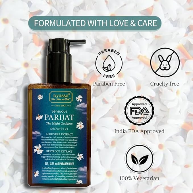 Nyassa Sensuous Parijat Shower Gel - 215 Ml | Soft, Glowing & Moisturised Skin