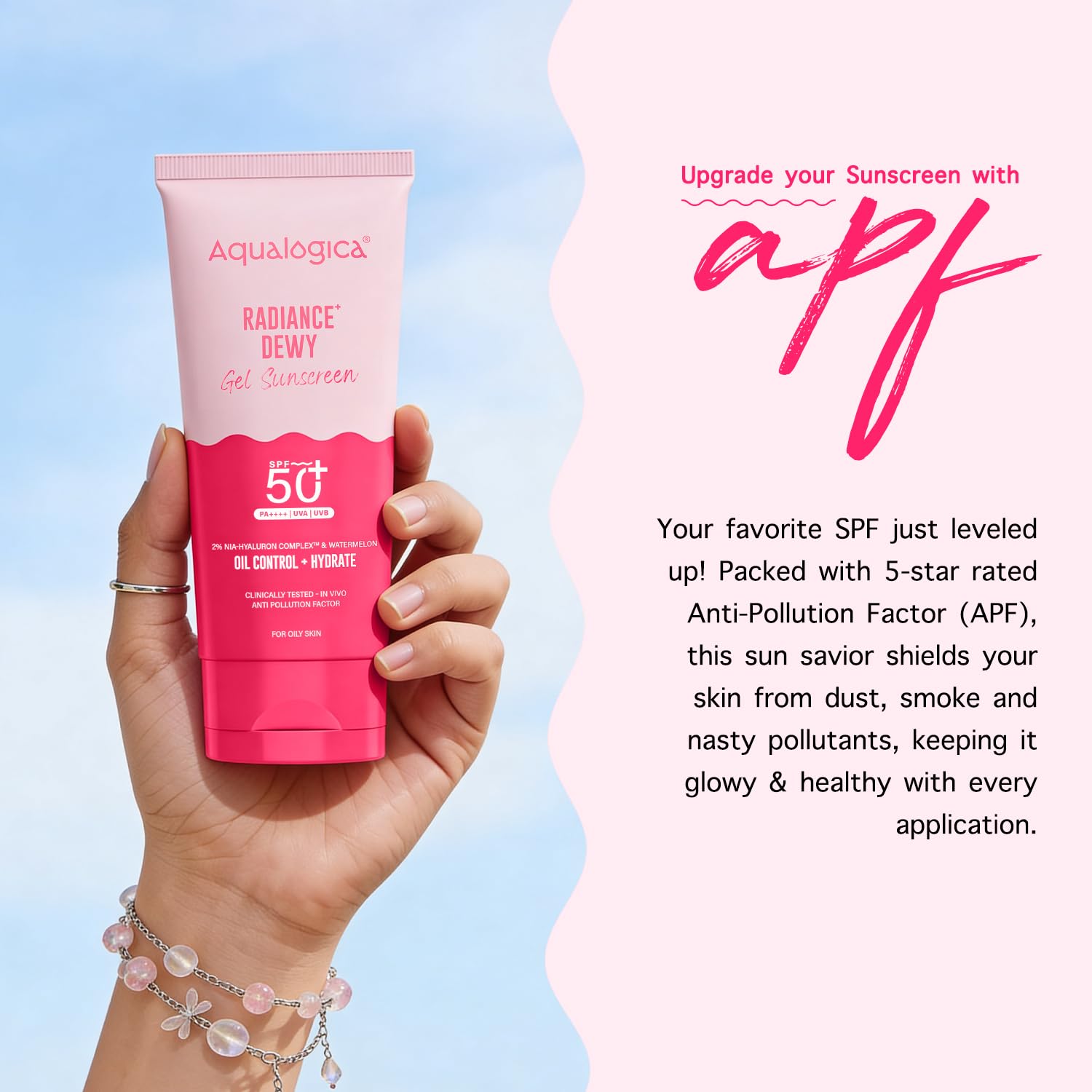 Aqualogica Radiance+ Dewy Gel Sunscreen SPF 50+ PA++++, 80g | 2% Nia-Hyaluron Complex | Broad Spectrum UVA/UVB & Blue Light Protection | Fragrance-Free | No White Cast | Lightweight | Anti-Pollution | For Men & Women