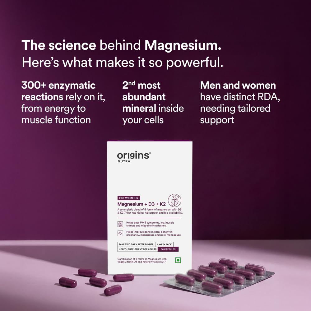 Origins Nutra 5-in-1 Magnesium + D3 + K2 for Women | 100% RDA of Magnesium, D3 & K2 | 56 Veg. Capsules | Supports Hormonal Balance & Bone Health | Relieves Migraines & Leg Cramps | GMP Certified | Pack of 1