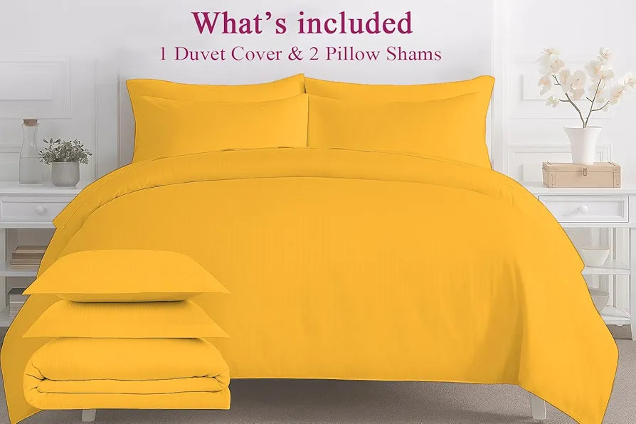 Trance Home Linen Zippered 100% Cotton 200TC Satin Stripe King Size Duvet Cover Quilt Cover Blanket Cover Razai Comforter Cover with 2 Pillow Covers Colour Golden Yellow