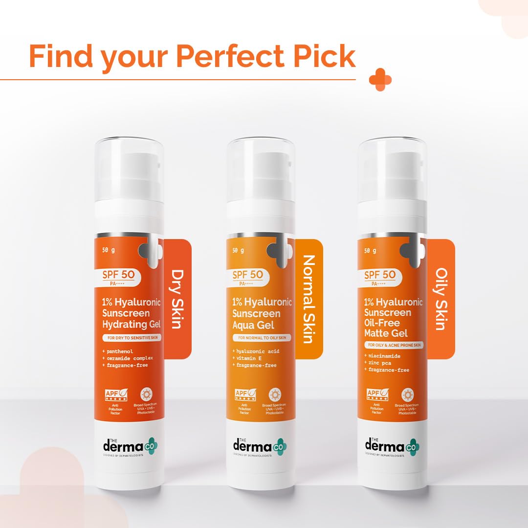 The Derma Co 1% Hyaluronic Sunscreen Oil-Free Matte Gel SPF 50 PA++++ | For Oily, Acne-Prone Skin | Lightweight Texture | No White Cast | Broad Spectrum Protection & Blue Light Protection | Non- Comedogenic 50g