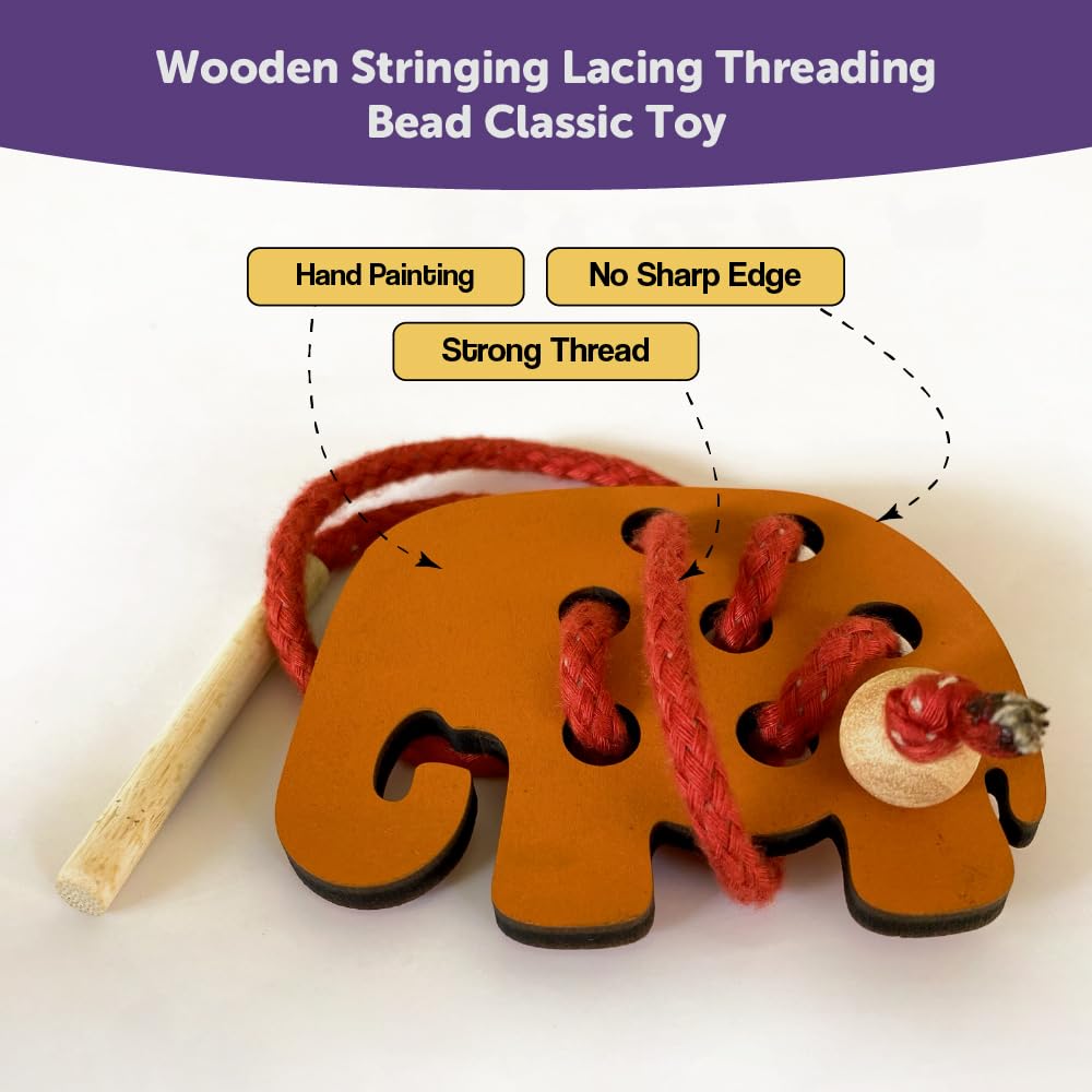 Mini Leaves Lacing Activity for Kids | Wooden Lacing Toys for Toddlers | Preschooler Educational Fine Motor Skill Toys | Elephant
